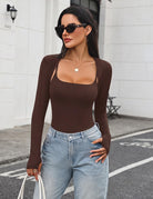Brown two-piece cami bodysuit with long sleeve mesh shrug and scoop neckline