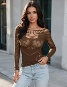 Brown fishnet long-sleeve mesh top with wide scoop neck and heart-shaped cut-outs
