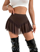 Brown sheer mesh mini skirt with a solid V-shaped waistband and ruffled hem