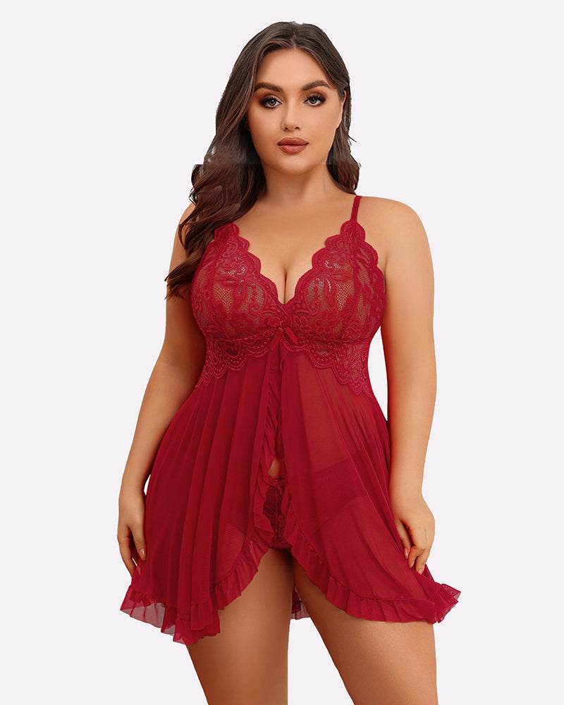 Plus size lace babydoll with open front, red lace bodice and sheer ruffled skirt