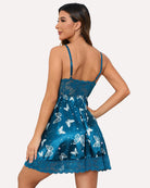Blue satin lingerie slip dress with butterfly print, lace trim, adjustable straps