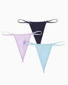 Three G-string thongs: navy, lavender, and light blue