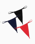 Three G-string thongs: black, dark navy, and red