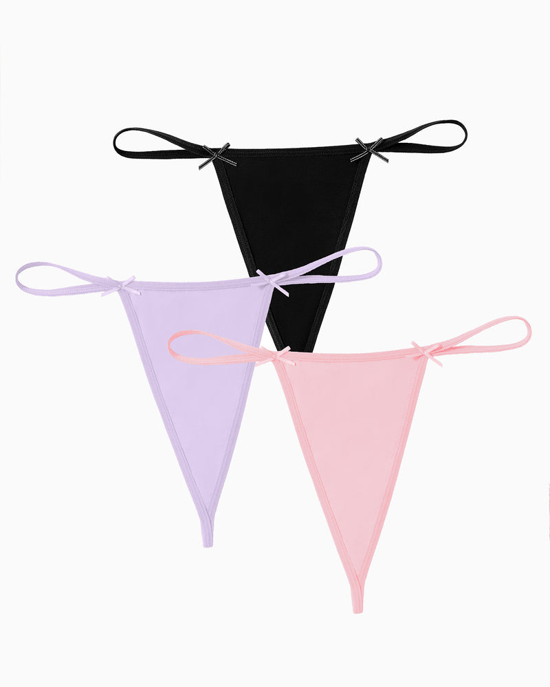 G-string thong set, black, lavender and pink, with bow tie side straps
