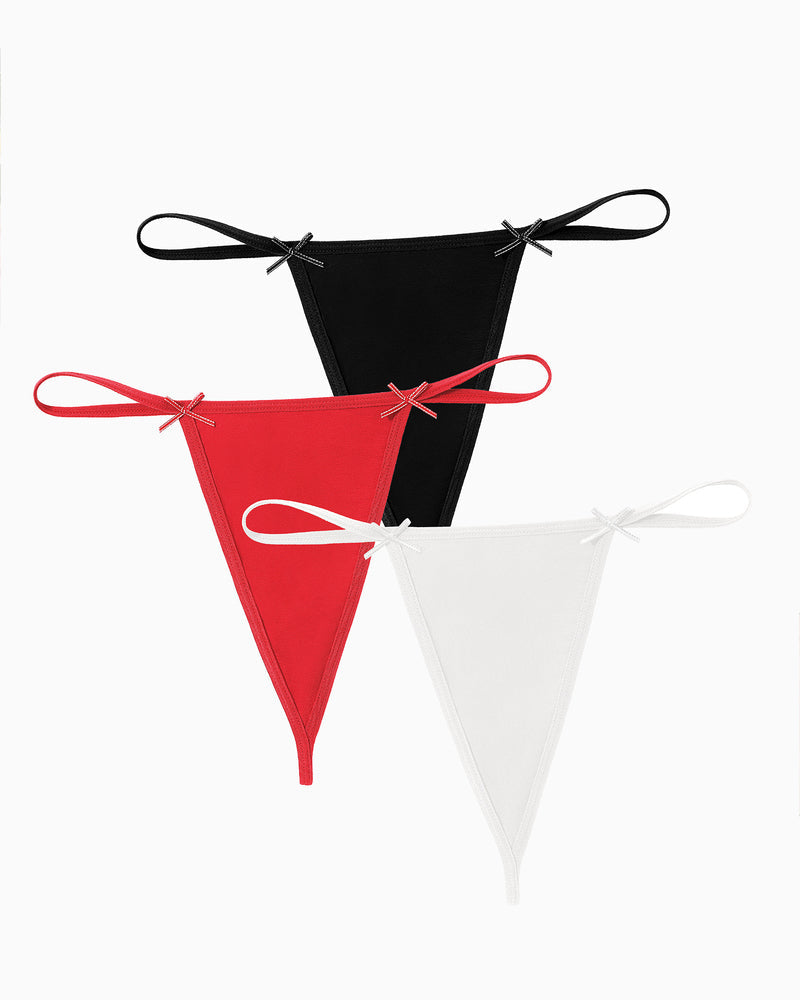 G-string thong set, black, red and white, bow tie side straps, V-front
