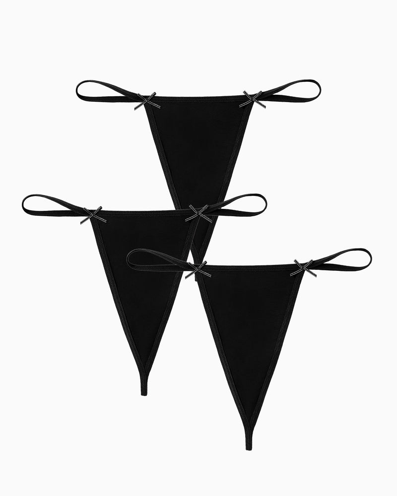 G-string thong set, black, with bow tie side straps and V-front