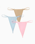 G-string thong set, beige, light blue and pink, bow tie side straps