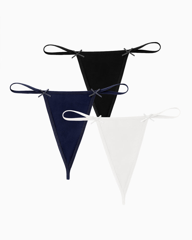 G-string thong set, black, navy blue and white, bow tie side straps