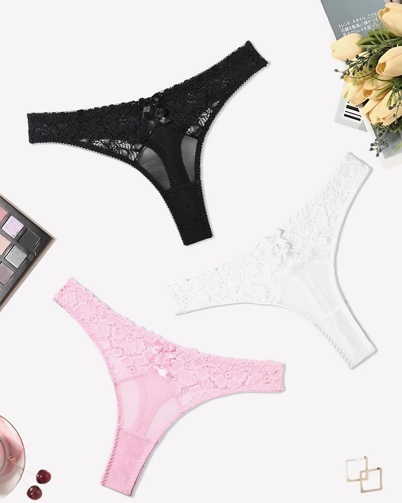Black, white, and pink lace low-waist cheeky thongs