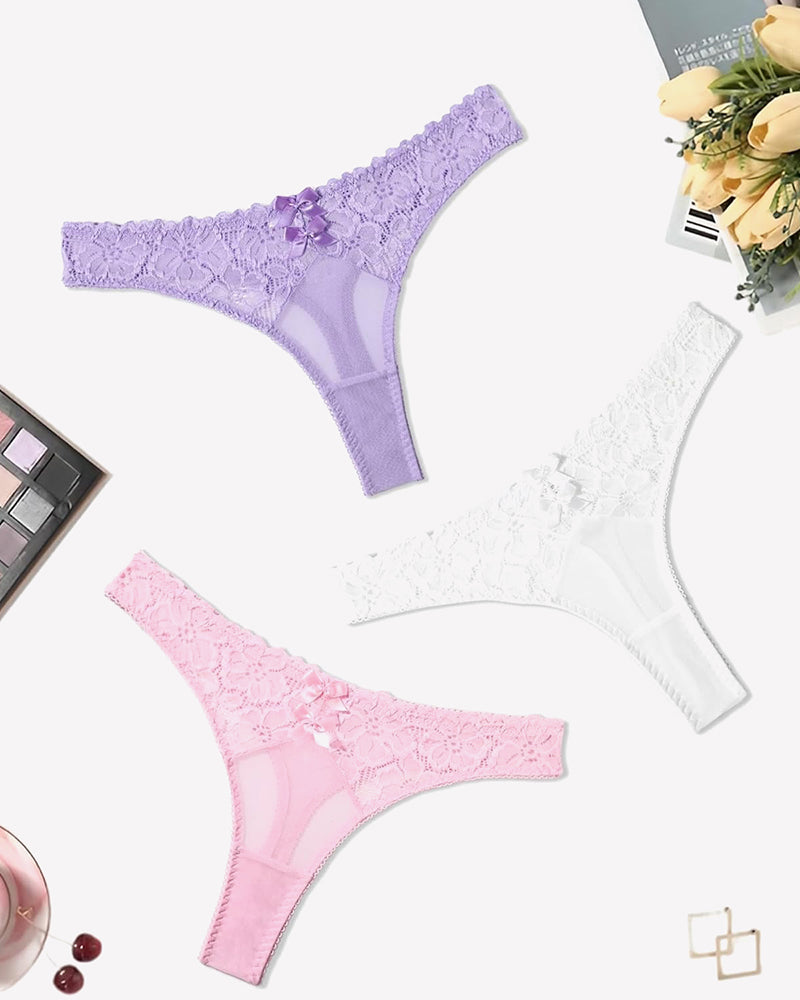 Purple, white, and pink lace low-waist cheeky thongs