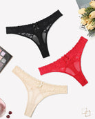 Black, red, and beige lace low-waist cheeky thongs