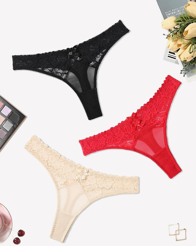 Black, red, and beige lace low-waist cheeky thongs