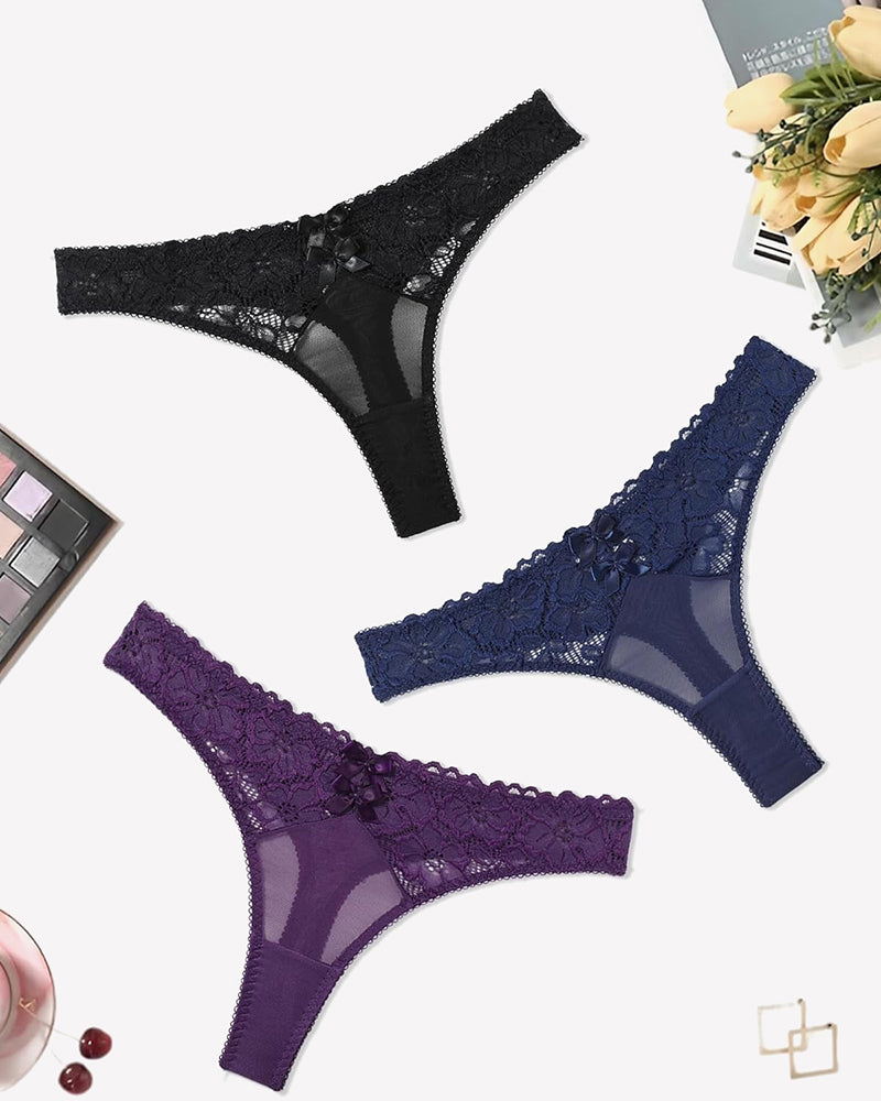 Black, blue, and purple lace low-waist cheeky thongs