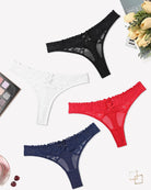 Low-waist lace cheeky thong panties in black, white, red, and navy with lace trim