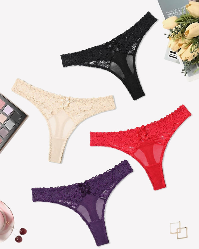 Low-waist lace cheeky thong panties in black, cream, red, and purple with lace trim