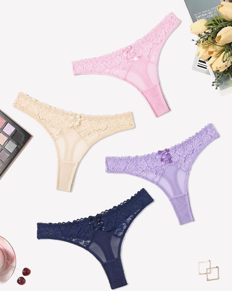 Low-waist lace cheeky thong panties in pink, cream, lavender, and navy with lace trim