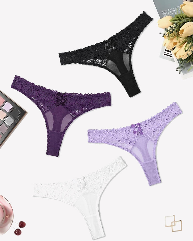 Low-waist lace cheeky thong panties in black, purple, light purple, and white with lace trim