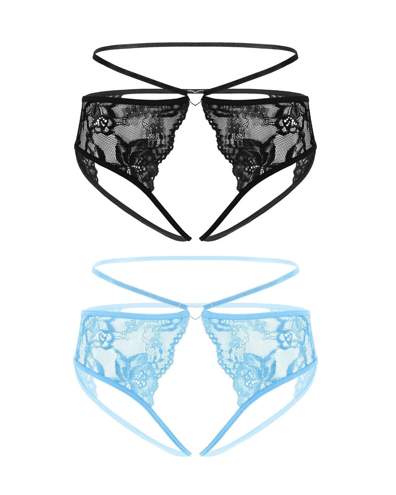 Black and light blue lace cheeky thongs with bow detail and long straps
