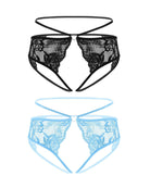Black and light blue lace cheeky thongs with bow detail and long straps