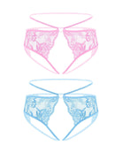 Pink and light blue lace cheeky thongs with bow detail and long straps