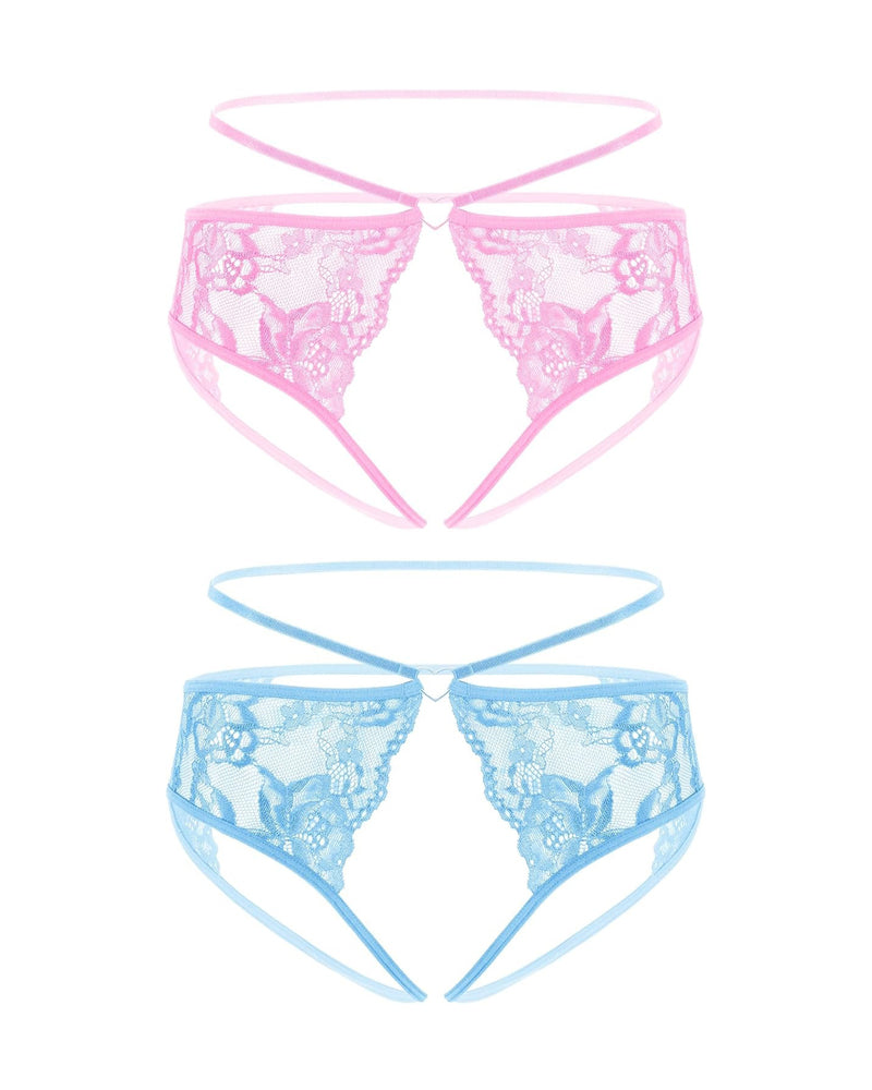 Pink and light blue lace cheeky thongs with bow detail and long straps