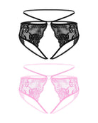 Black and pink lace cheeky thongs with bow detail and long straps
