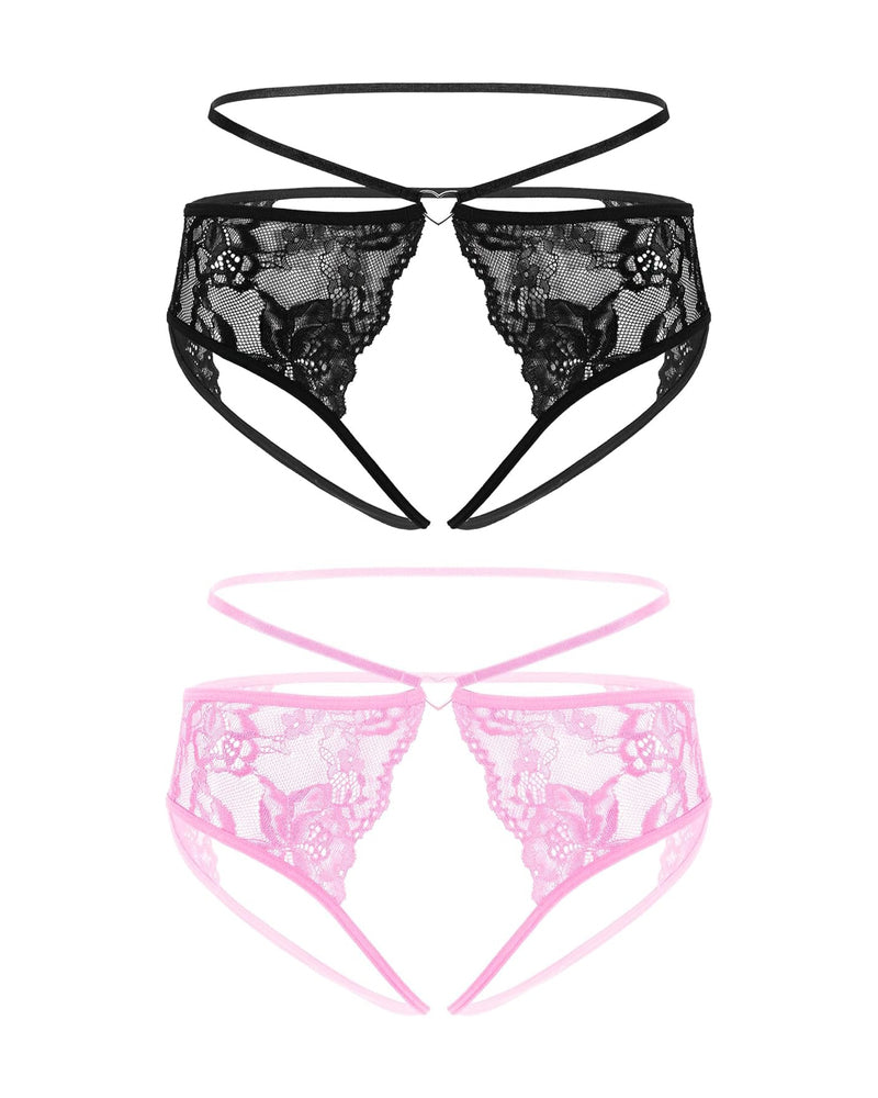 Black and pink lace cheeky thongs with bow detail and long straps
