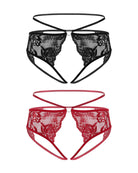 Black and wine red lace cheeky thongs with bow detail and long straps