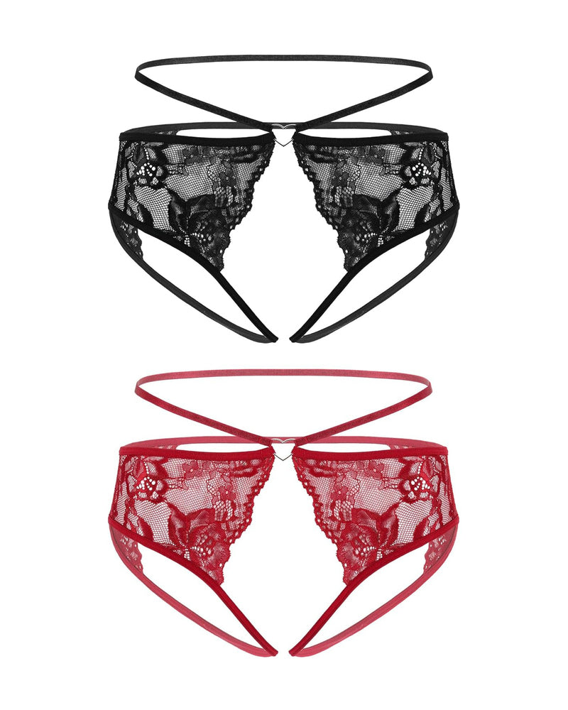 Black and wine red lace cheeky thongs with bow detail and long straps