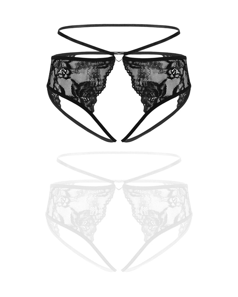 Black floral lace cheeky strap panties with heart center detail and scalloped lace cups