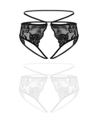 Black floral lace cheeky strap panties with heart center detail and scalloped lace cups