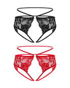 Floral lace cheeky strap panties set: black and red with heart center and scalloped lace edges