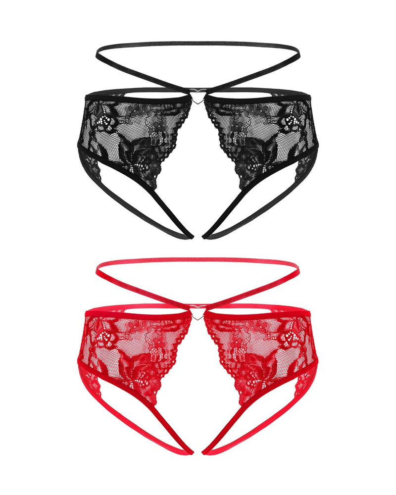 Floral lace cheeky strap panties set: black and red with heart center and scalloped lace edges