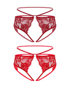 Red floral lace cheeky strap panties with heart center detail and scalloped lace cups