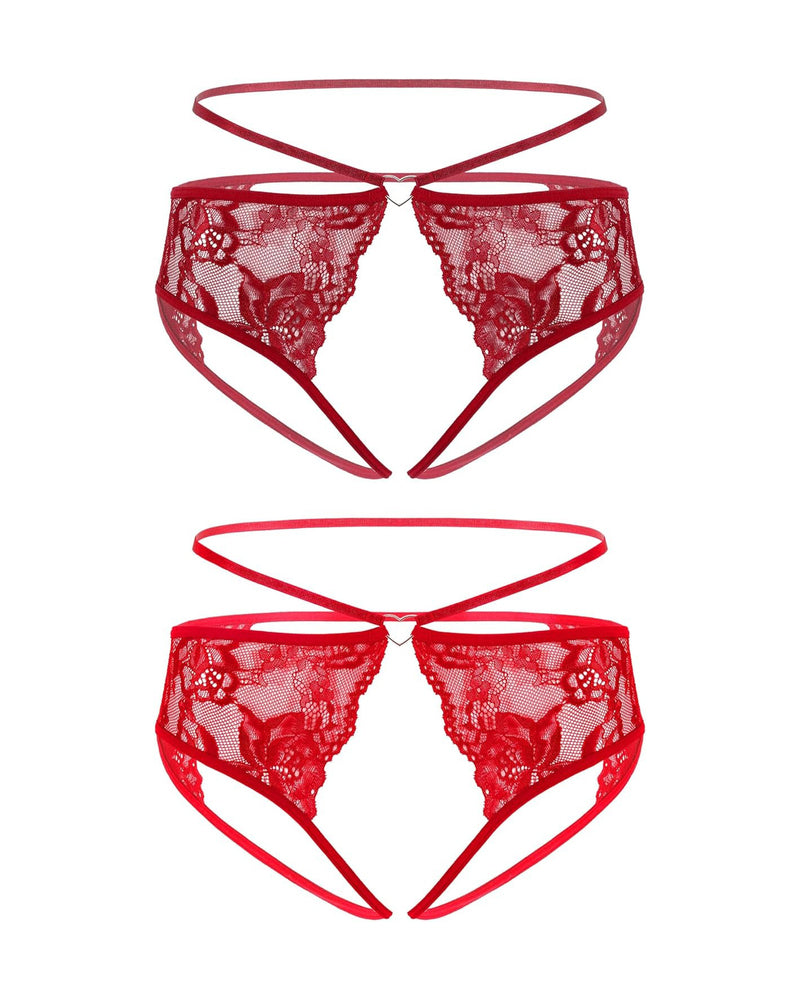 Red floral lace cheeky strap panties with heart center detail and scalloped lace cups
