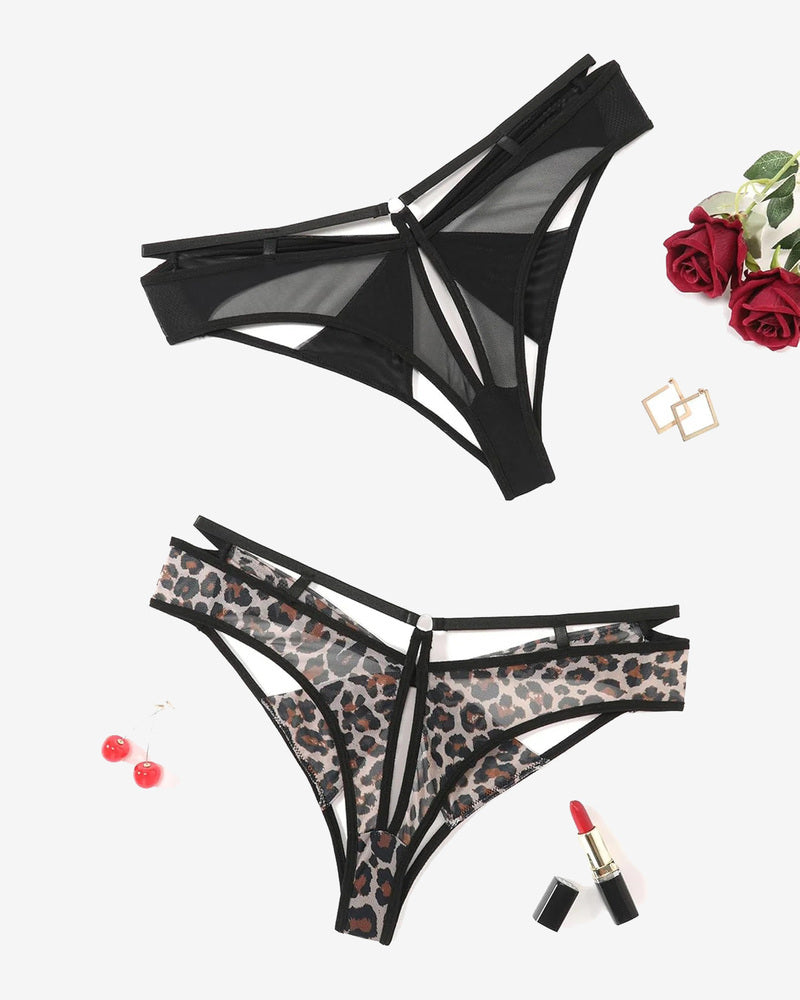 Mesh cheeky panty with bow back, cutout side straps, and leopard-print mesh panel.