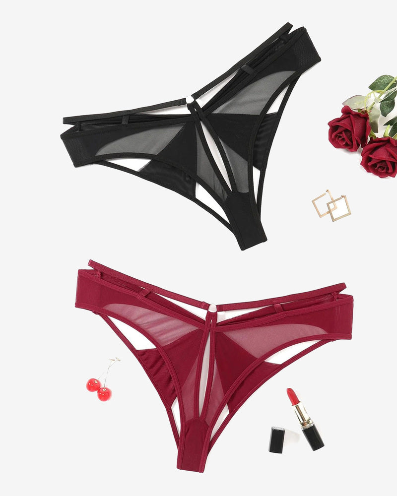 Mesh cheeky panty with bow back and sheer cutout straps in wine red.