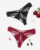 Mesh cheeky panty with bow back and sheer cutout straps in wine red.