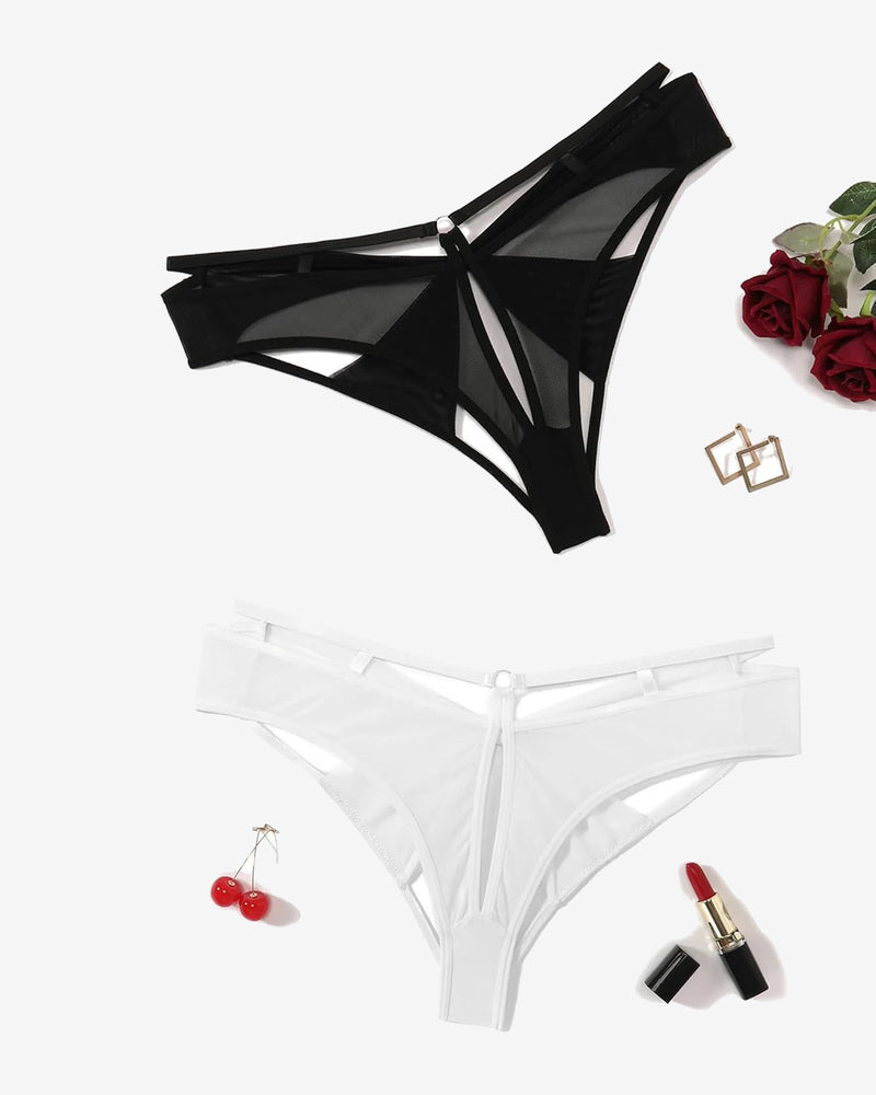 Mesh cheeky panty with bow back and sheer cutout straps in white.