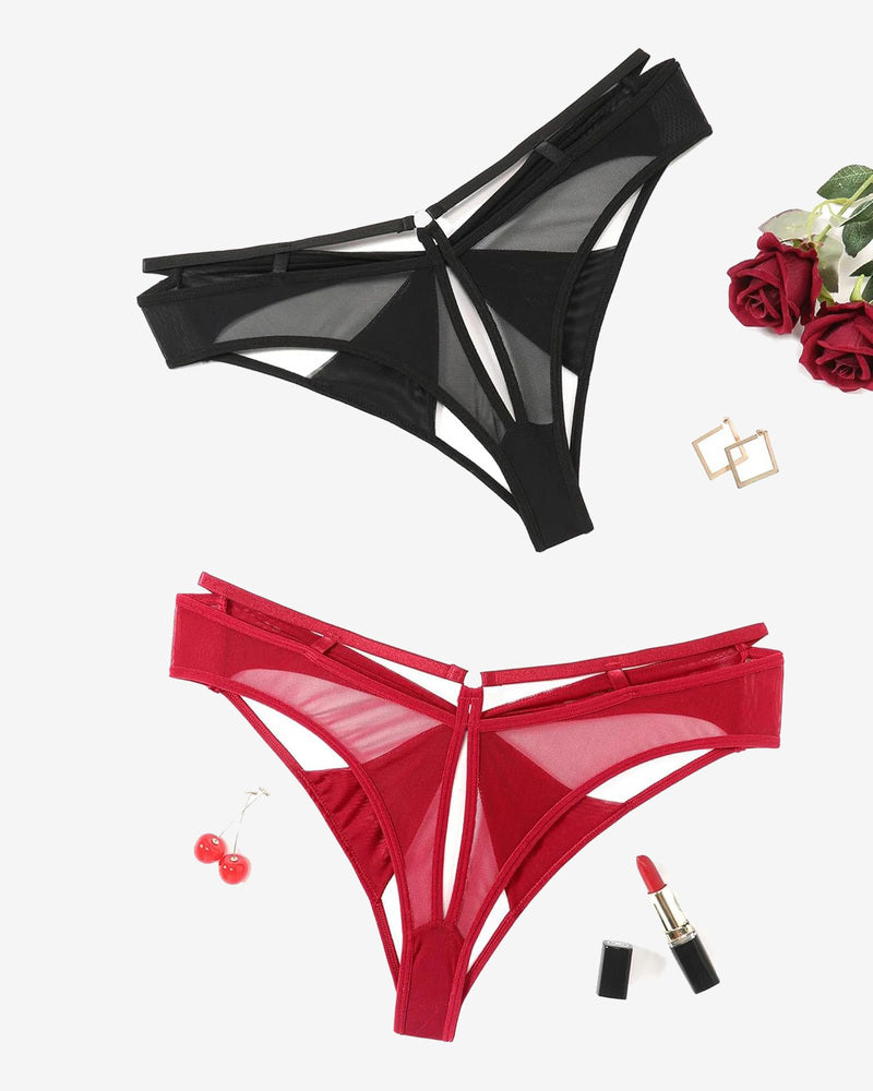 Mesh cheeky panty with bow back and sheer cutout straps in red.