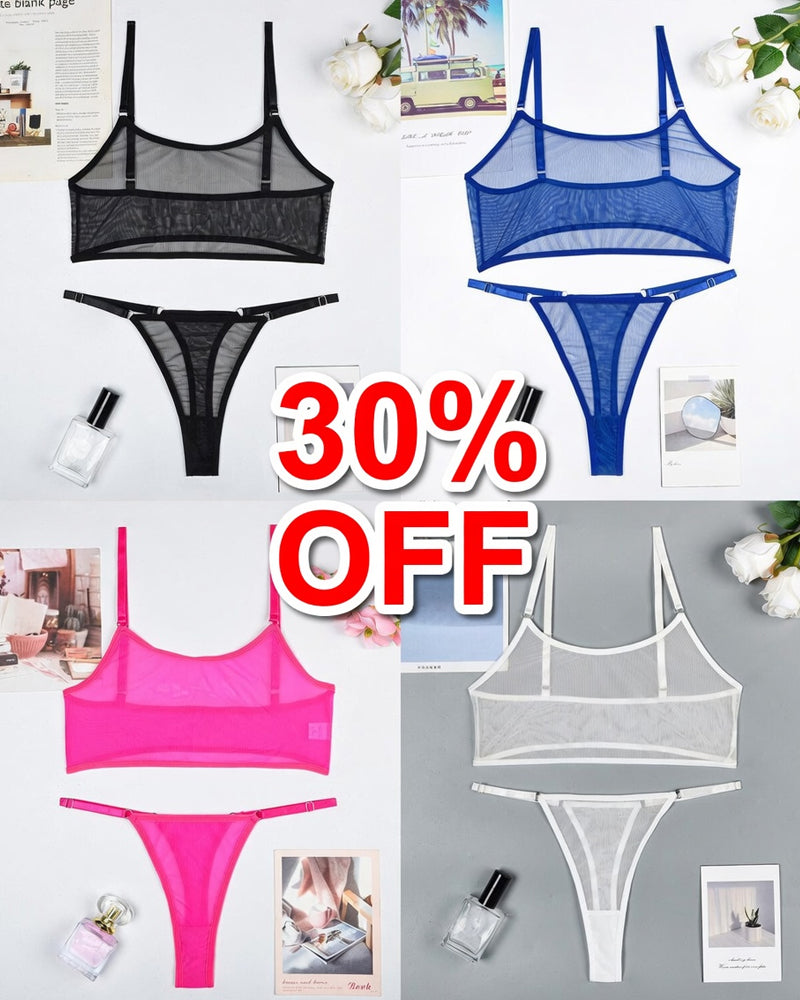 Mesh see-through camisole bra and thong set in assorted colors
