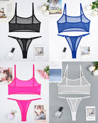Mesh see-through camisole bra and thong sets in black, blue, pink, and white