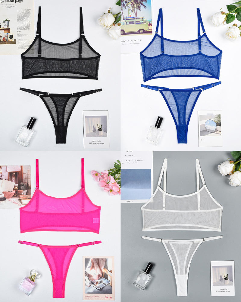 Mesh see-through camisole bra and thong sets in black, blue, pink, and white
