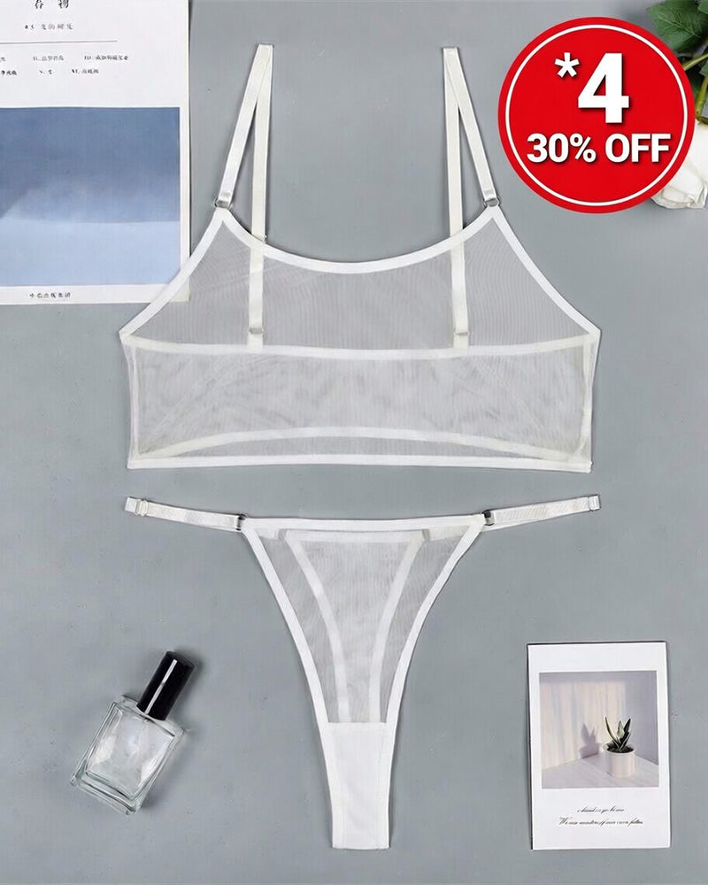 White mesh see-through camisole bra with thong set, thin shoulder straps