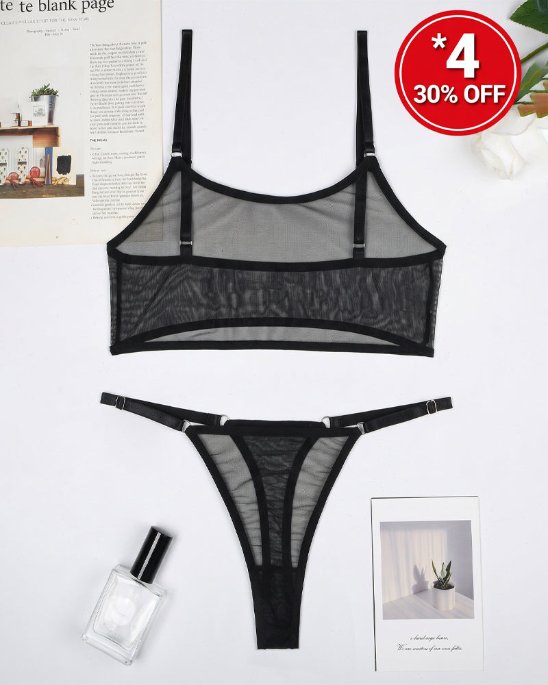 Camisole bra set with black mesh bra and matching black mesh thong, adjustable straps