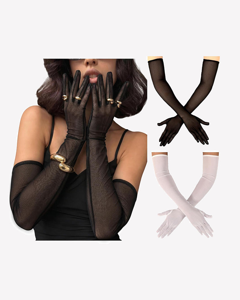 Sheer opera gloves shown in black and white, elbow-length with draped layered fabric.