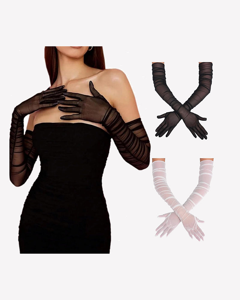 Sheer opera gloves in black and light colors, elbow-length with long draped fingers.