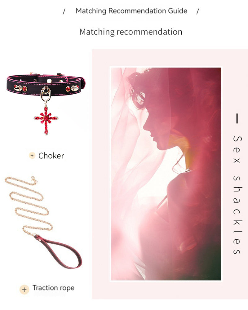 Jeweled red cross charm on a black PU pet choker collar with metal buckle