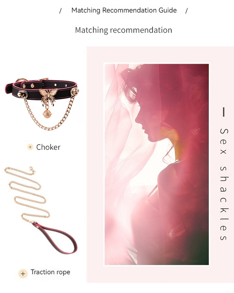 Black leather choker with butterfly pendant, small bell charm, and double chain design
