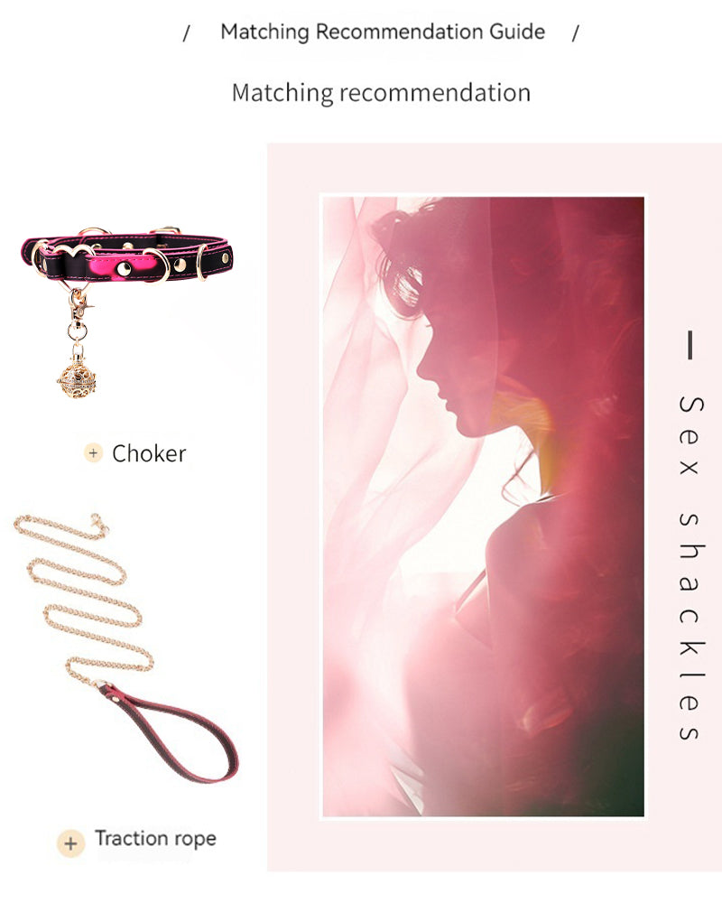 Leather dog choker with bell charm and matching traction rope, laid out for showing